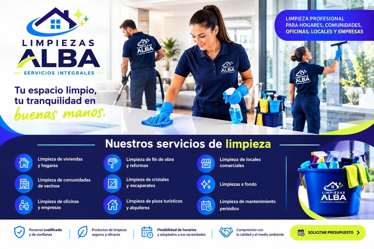 Limpiezas Alba cleaning service flyer showing staff in blue uniforms performing household cleaning with service categories listed below